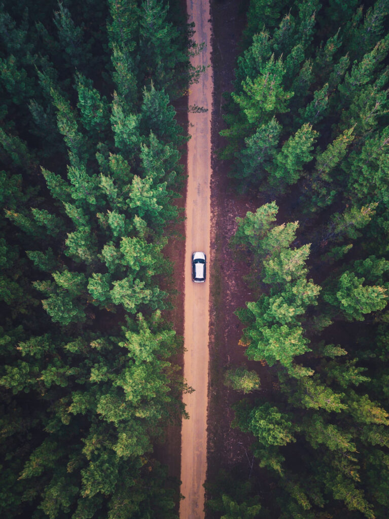 Driving on a road from above